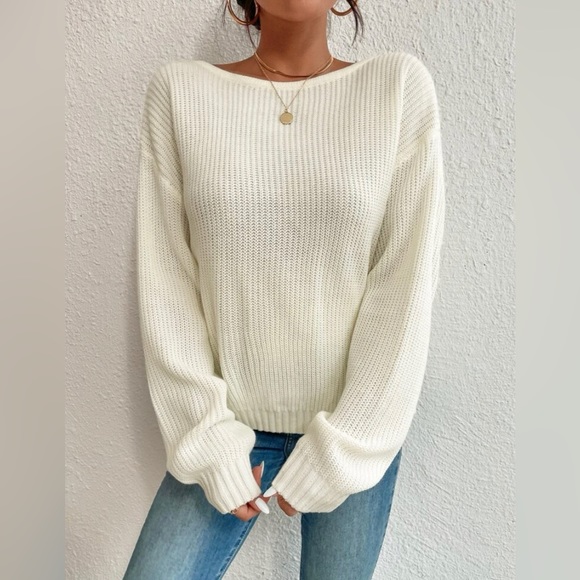 Casual Pearls, Twist, Backless, Beaded Drop Shoulder Sweater - Picture 3 of 6